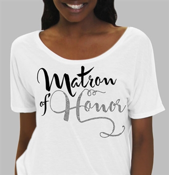 "Matron of Honor" Flowy T-Shirt: White | Bridal T-shirts | RhinestoneSash.com